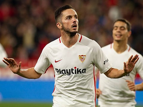 Sevilla's Pablo Sarabia celebrates.