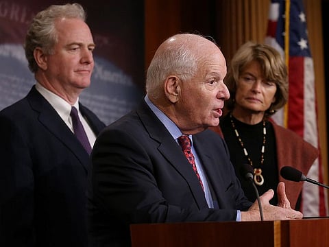 Sens. Ben Cardin (D-MD) (C), Lisa Murkowski (R-AK) (R) and Chris Van Hollen (D-MD) hold a press conference about a bipartisan solution after the failure of both competing Republican and Democratic proposals to end the partial government shutdown in back to back votes on Capitol Hill in Washington, U.S., January 24, 2019.