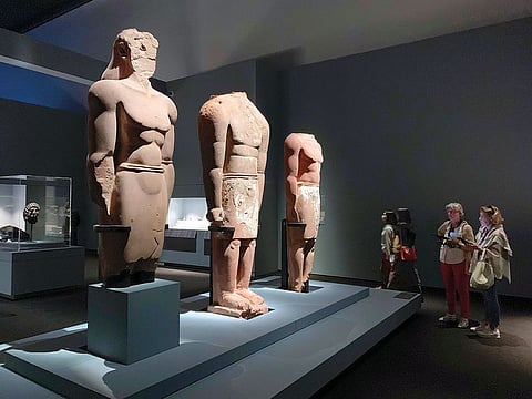 Red sandstone statues dating back to 400-100BC sourced from the archaeology department of King Saud University.