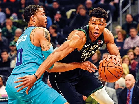 Milwaukee Bucks forward Giannis Antetokounmpo (34) drives for the basket against Charlotte Hornets forward Miles Bridges (0) in the second quarter at the Fiserv Forum