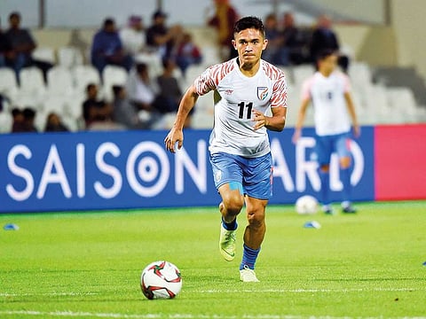 Sunil Chhetri in action during an Asian Cup clash. Chhetri scored twice in India’s 4-1 drubbing of Thailand.