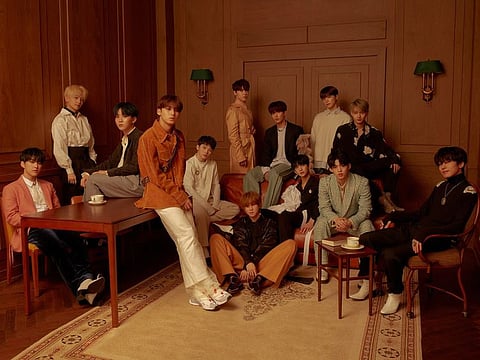 K-pop band Seventeen. From left to right: Left to right: Hoshi, Jeonghan, Seungkwan, Mingyu, Woozi, Vernon, The8, DK, Joshua, Dino, S.coups, Jun and Wonwoo.