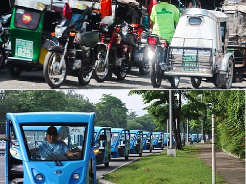 Tricycles (above), a popular mode of last-mile transport in the Philippines, and a fleet of e-trikes.