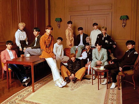 From left to right: Left to right: Hoshi, Jeonghan, Seungkwan, Mingyu, Woozi, Vernon, The8, DK, Joshua, Dino, S.coups, Jun and Wonwoo.