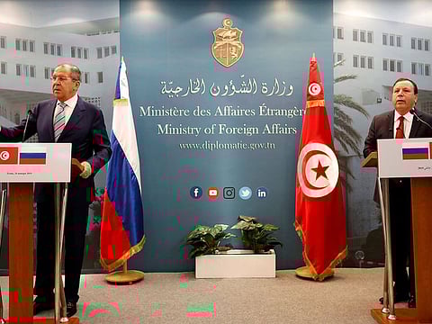 Russia's Foreign Minister Sergei Lavrov attends a joint news conference with his Tunisian counterpart Khemaies Jhinaoui in Tunis, Tunisia.