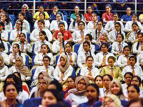 School officials, teachers and students listen to Khalfan Bel Houl speaking at the programme held to launch Rahhal’s next phase at Indian High School in Dubai