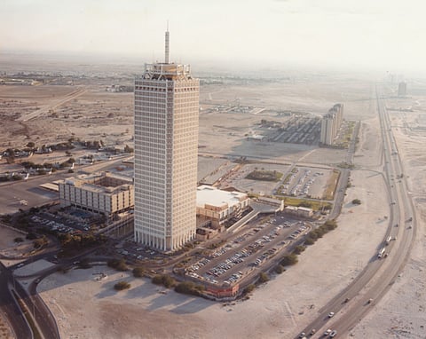 An aerial view of the old Dubai World Trade Centre on Shaikh Zayed Road, Dubai