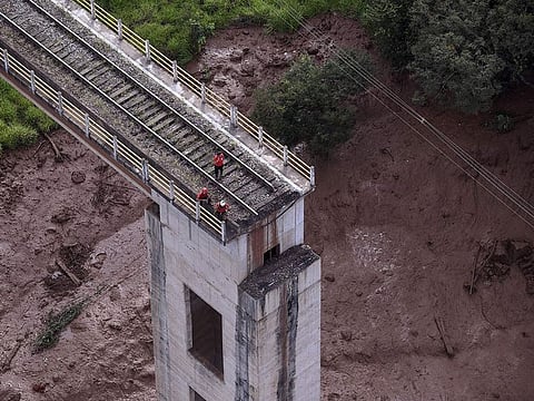 Aerial view of a fallen bridge taken after the collapse of a dam which belonged to Brazil's giant mining company Vale, near the town of Brumadinho in southeastern Brazil, on January 25, 2019.