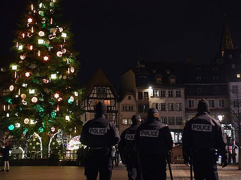 In this file photo taken on December 13, 2018 police officers patrol in Strasbourg eastern France, near the Christmas market, after a shooting breakout, on December 11, 2018.