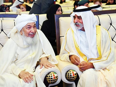 Shaikh Nahayan with Shaikh Abdullah Bin Bayyah, chairman of the Emirates Fatwa Council, during the symposium organised by the ECSSR in Abu Dhabi.