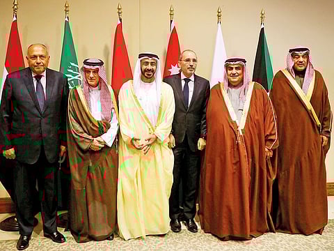 Arab foreign ministers pose after attending informal meetings on the latest regional developments, at the King Hussain Convention Centre at the Dead Sea, Jordan on Thursday.