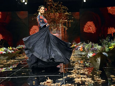A model showcases fashion designer Rohit Bal's creation during Lakme Fashion Week (LFW) Summer/Resort 2019 in Mumbai, on Jan 30, 2019.