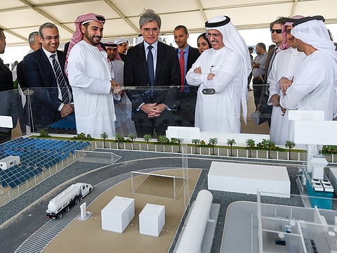 File image: Sheikh Zayed bin Sultan bin Khalifa Al Nahyan, Chairman of the Board of Trustees of Sheikh Sultan bin Khalifa Al Nahyan Humanitarian & Scientific Foundation, accompanied by Dubai Water & Electricity Authority Managing Director and Chief Executive Saeed Mohammad Al Tayer, and Joe Kaeser, CEO, Siemens, during the break ground ceremony for the MENA's first Green Hydrogen Project at Mohammed bin Rashid Al Maktoum Solar Park, in Dubai.