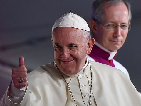 Pope Francis gives a thumbs up upon arriving to preside over an evening vigil with young people at the Campo San Juan Pablo II in Panama City, on January 26, 2019, as part of World Youth Day celebrations.