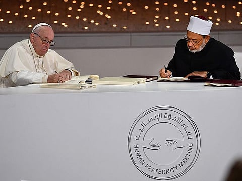 Pope Francis (L) and Dr Ahmad Al Tayeb, Grand Imam of Al Azhar (R) signed a Human Fraternity document, called ‘Abu Dhabi Declaration’ at the Founders Memorial in Abu Dhabi.