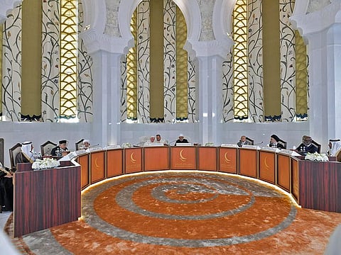 Pope Francis (C-L) and Grand Imam of Al Azhar (C-R) meeting with members of the Abu-Dhabi-based "Muslim Council of Elders" in the UAE capital.