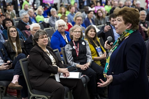 File photo: California gubernatorial candidate Delaine Eastin speaks to the Environmental caucus at the California Democrats State Convention at the San Diego Convention Center on February 24, 2018, in San Diego.