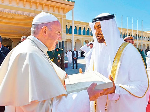 Pope Francis gifting Shaikh Mohammad Bin Zayed Al Nahyan a copy of the Human Fraternity document.