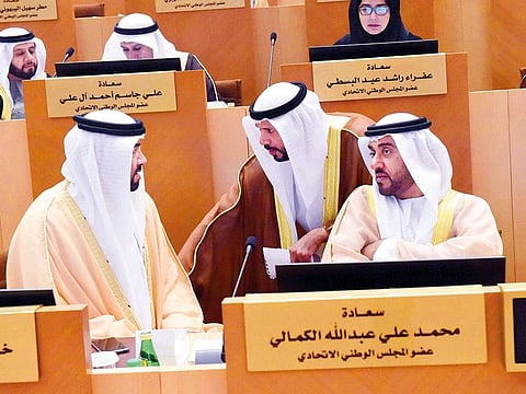 From left: FNC members from Dubai Khalid Ali Bin Zayed Al Falasi, Marwan Ahmad Bin Galita, and Mohammad Ali Al Kamali engaged in a discussion in Abu Dhabi.