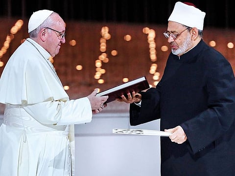Pope Francis and Shaikh Ahmad Al Tayyeb exchange a joint statement on ‘human fraternity’ after an interfaith meeting at the Founder’s Memorial in Abu Dhabi.
