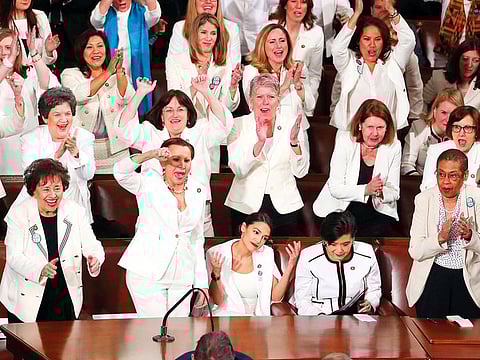 Democratic female members of Congress cheer after President Donald Trump said there are more women in Congress than ever before during his second State of the Union address to a joint session of Congress at the U.S. Capitol in Washington