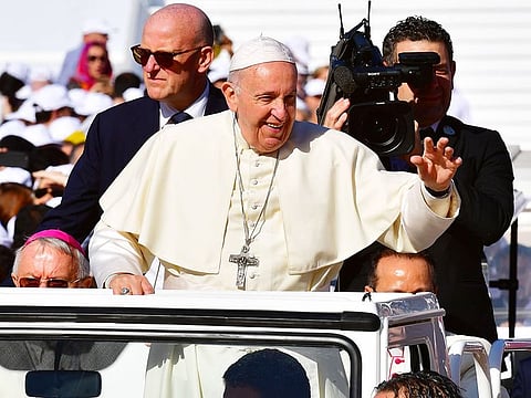 Pope Francis arrives to lead the mass at the Zayed Sports City Stadium in Abu Dhabi on Tuesday, February 5, 2019.