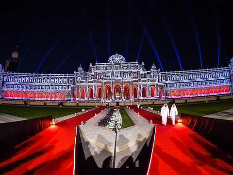 Sharjah Municipality building is illuminated during a laser show being held as part of the Sharjah Light Festival.