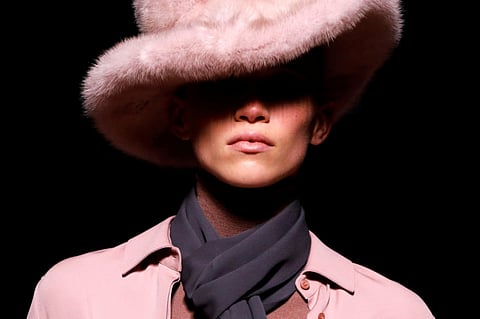 A model presents a creation from the Tom Ford collection during New York Fashion Week in New York, February 6, 2019.