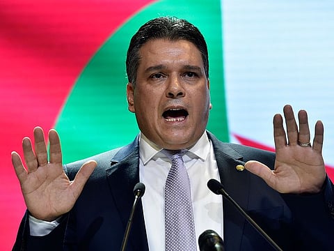 Mouad Bouchareb, party member of Algeria's National Liberation Front (FLN) member and speaker of the lower house of the country's parliament, speaks during a party campaign rally calling for the re-election of current President Abdelaziz Bouteflika at La Coupole arena in the capital Algiers on February 9, 2019.