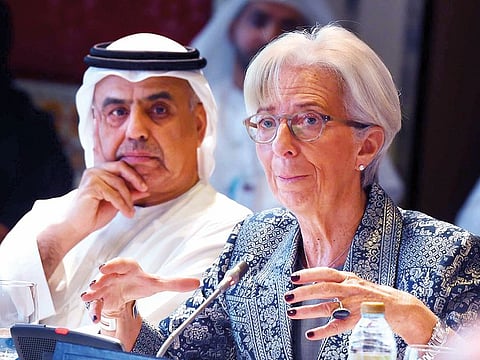 Christine Lagarde, Managing Director, International Monetary Fund, gives a speech at the Fourth Annual Arab Fiscal Forum. Also seen is Obaid Humaid Al Tayer, Minister of State for Financial Affairs, Ministry of Finance, United Arab Emiratesduring the World Goverbment Summit 2019 at Madinat Jumeirah, Dubai on February 9, 2019