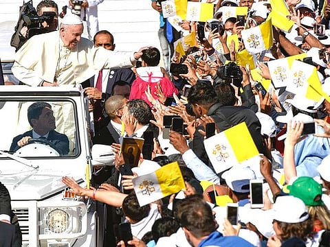 Pope Francis celebrates a Holy High Mass at the Zayed Sports City Stadium with 135,000 participants from the UAE and beyond, during Pope Francis’s visit to the UAE.