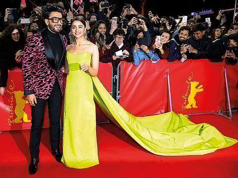 Ranveer Singh and Alia Bhatt pose for the photographers as they arrive for the screening of the film ‘Gully Boy’ at the 2019 Berlinale Film Festival in Berlin, on Saturday