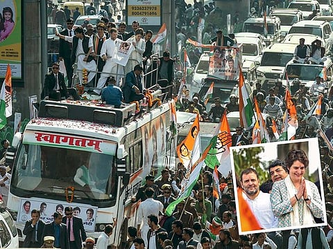 Rahul Gandhi, AICC General Secretaries of UP (East) Priyanka Gandhi Vadra (inset) and UP West Jyotiraditya Scindia and other senior leaders in Lucknow