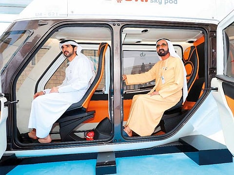 Shaikh Mohammad Bin Rashid Al Maktoum, Vice President and Prime Minister of the UAE and Ruler of Dubai, accompanied by Shaikh Hamdan Bin Mohammad Bin Rashid Al Maktoum, Crown Prince of Dubai and Chairman of Dubai Executive Council, reviewed two models of the Sky Pods, a mobility system being tested by the @RTA_Dubai in conjunction with Skyway Greentech Co.