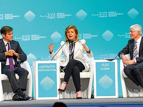 From left: Dr Oz, Arianna Huffington and David Clark during ‘Mitigating the risk of the next global epidemic’ session.