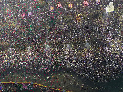 Devotees taking a holy dip at the Sangam — the confluence of the Ganges, Yamuna and mythical Saraswati rivers — during the Kumbh Mela in Prayagraj, previously know as Allahabad.