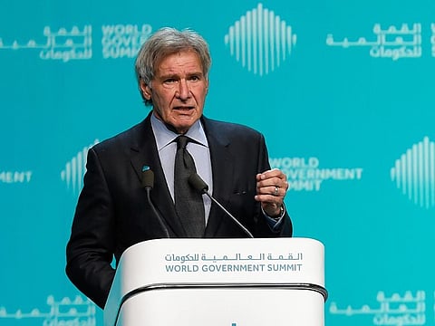 Harrison Ford, Celebrity and Philanthropist speaking at a session "An Urgent Call to Action on Climate Change" on the final day of World Government Summit 2019 in Dubai on Tuesday 12 February 2019