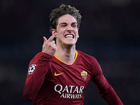 AS Roma's Nicolo Zaniolo celebrates.