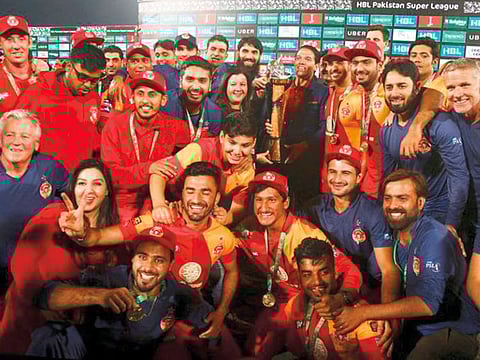 Islamabad United players after winning the third edition of the Pakistan Super League at National stadium in Karachi, Pakistan last year. Matches in the UAE will be held from February 14-March 5.
