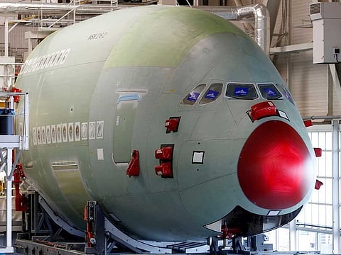 General view shows an Airbus A380 at the final assembly line at Airbus headquarters in Blagnac near Toulouse, France, March 21, 2018