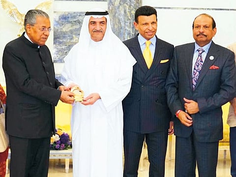 His Highness Shaikh Hamad Bin Mohammad Al Sharqi, Supreme Council Member and Ruler of Fujairah, receives Pinarayi Vijayan, Chief Minister of the Indian state of Kerala, and his accompanying delegation, at Al Rumailah Palace.