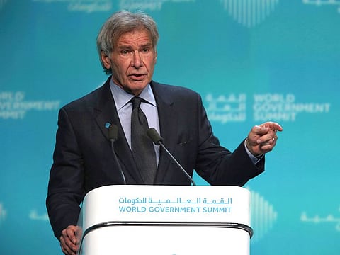 American actor Harrison Ford speaks about ocean conservation at the World Government Summit in Dubai, United Arab Emirates, Tuesday, Feb. 12, 2019.