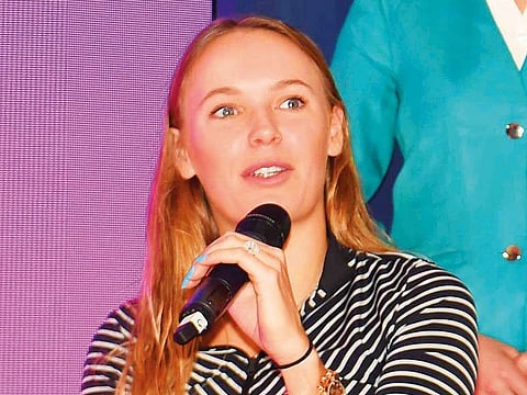 Caroline Wozniacki speaks to the media during the Dubai Duty Free Tennis Championship draw at the Dubai Tennis Stadium. The Dane has won here once, ended as runner-up on another occasion and entered the semis four time