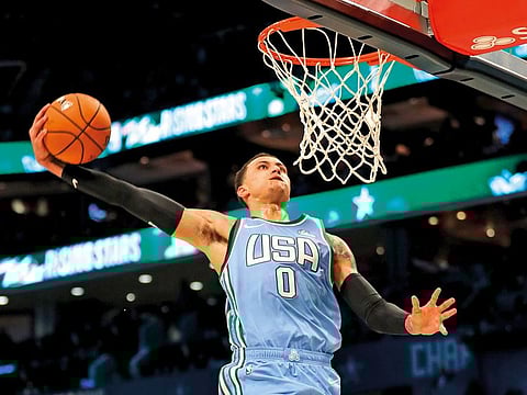Kyle Kuzma #0 of the U.S. Team dunks during the 2019 Mtn Dew ICE Rising Stars at Spectrum Center