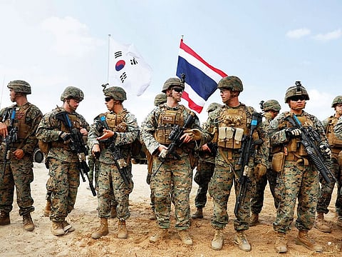 U.S., South Korean and Thai soldiers take part in the Amphibious Assault Demonstration during the Cobra Gold multilateral military exercise on Hat Yao Beach, Sattahip District, Chonburi Province, Thailand