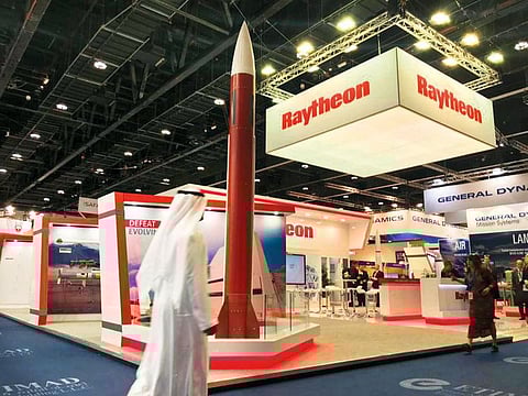 A Patriot missile on display at Raytheon Pavilion during IDEX in Adnec on Tuesday.
