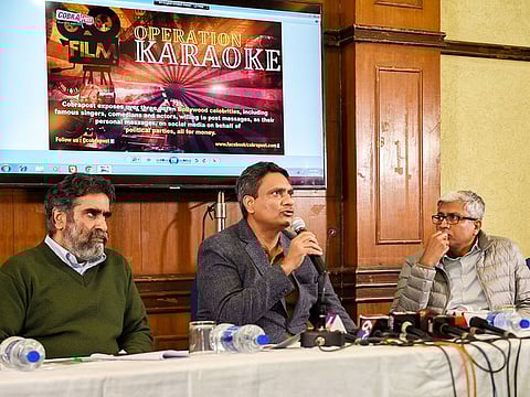 Cobrapost editor Aniruddha Bahal addresses a press conference, in New Delhi, on Tuesday, February 19, 2019.