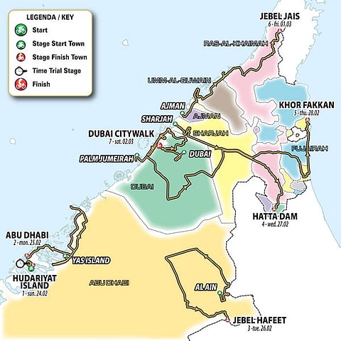 The inaugural UAE Tour will see professional cyclists make their way across the seven emirates, covering 1,090 kilometres.