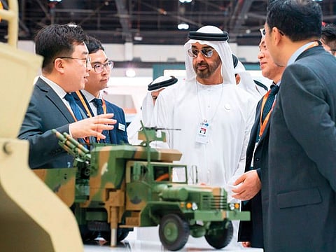 His Highness Shaikh Mohammad Bin Zayed Al Nahyan, Abu Dhabi Crown Prince and Deputy Supreme Commander of the UAE Armed Forces, at a defence firm’s pavilion during his tour of IDEX 2019 in Abu Dhabi on Wednesday.