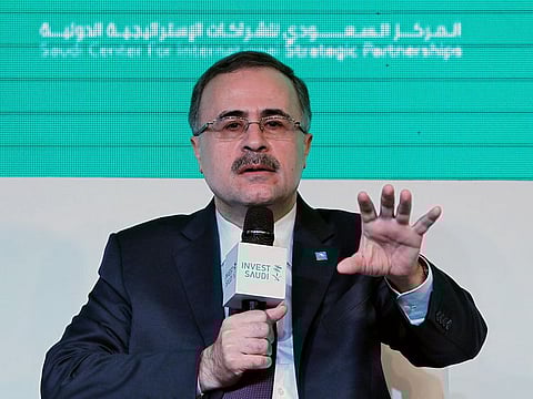 Saudi Aramco CEO Amin Nassar speaks during the Saudi-India Forum in New Delhi, on February 20, 2018.